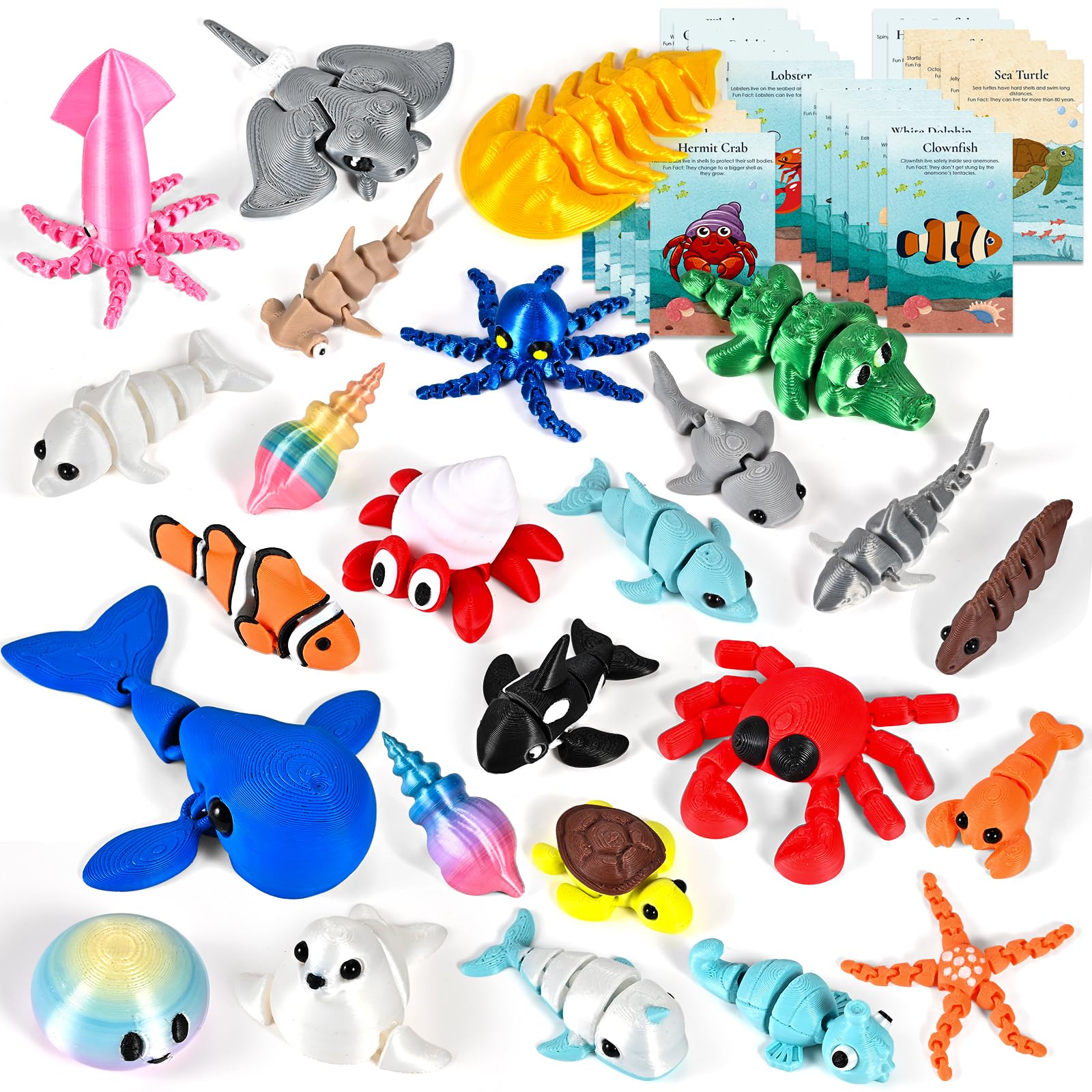 GOLDGE 25PCS 3D Printed Ocean Animals with 25 Learning Cards, 3-4" Articulated 3D Printed Fidget Animals Bulk, Flexible 3D Printed Animals, 3D Shark, Octopus & Sea Creatures Toys