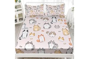 XYNHML Kids Cute Cat Fitted Sheet Set 3Pcs Cartoon Pet Cat Fishing Quilt Bed Sheets Twin Lovely Animal Bedding Set for Boys Teens Adult Includes 1 Fitted Sheet,2 Pillowcases