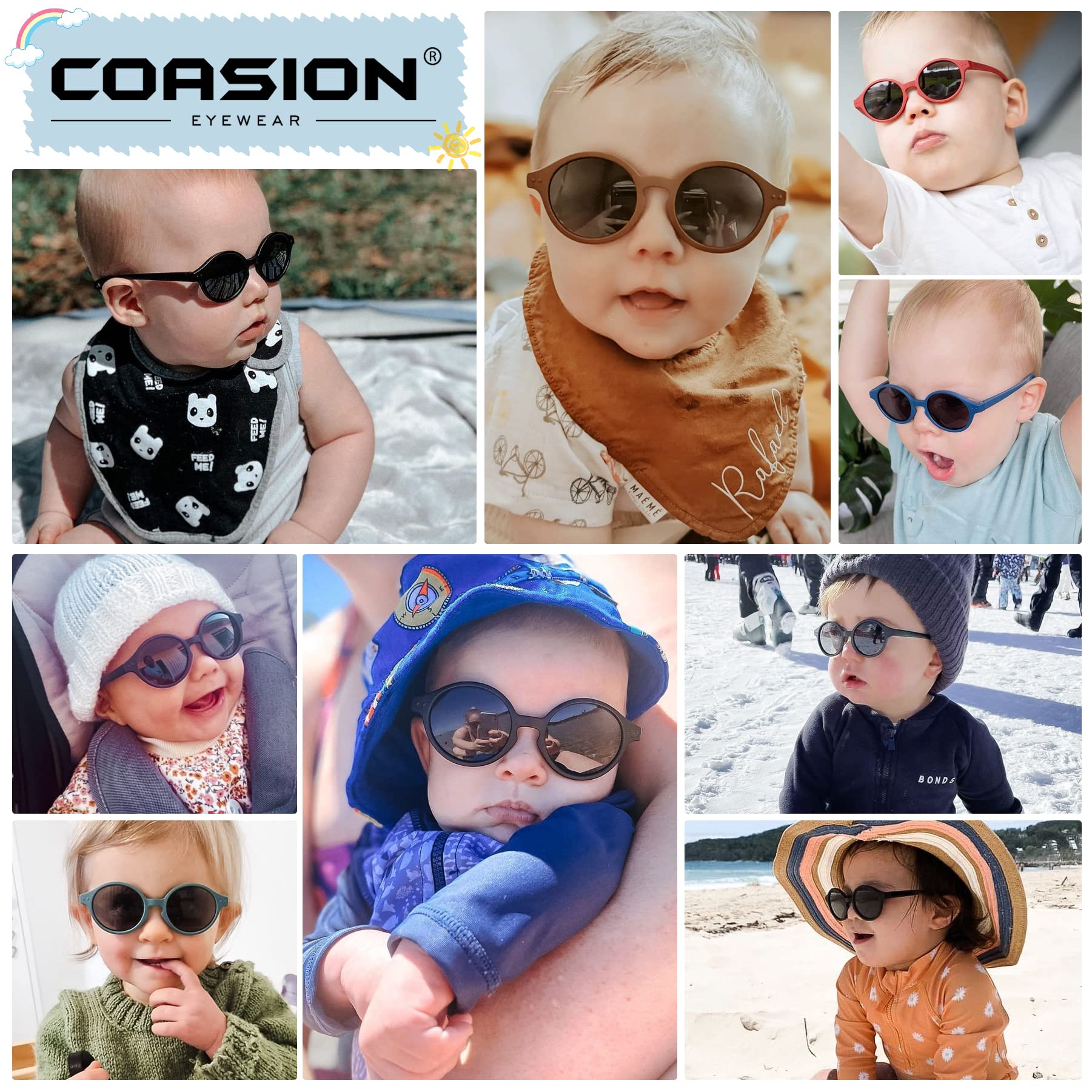 COASION Baby Polarized Sunglasses with Strap Adjustable TPEE Flexible Frame for Toddler Girls Boys Age 0-36 Months