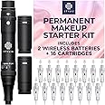 Stylia Permanent Makeup Machine Set – Wireless Tattoo Machine Kit with 2 Rechargeable Lithium Batteries, Power Adaptor, and 16 Cartridges – Microblading Supplies, Low-Noise, High-Speed Motor