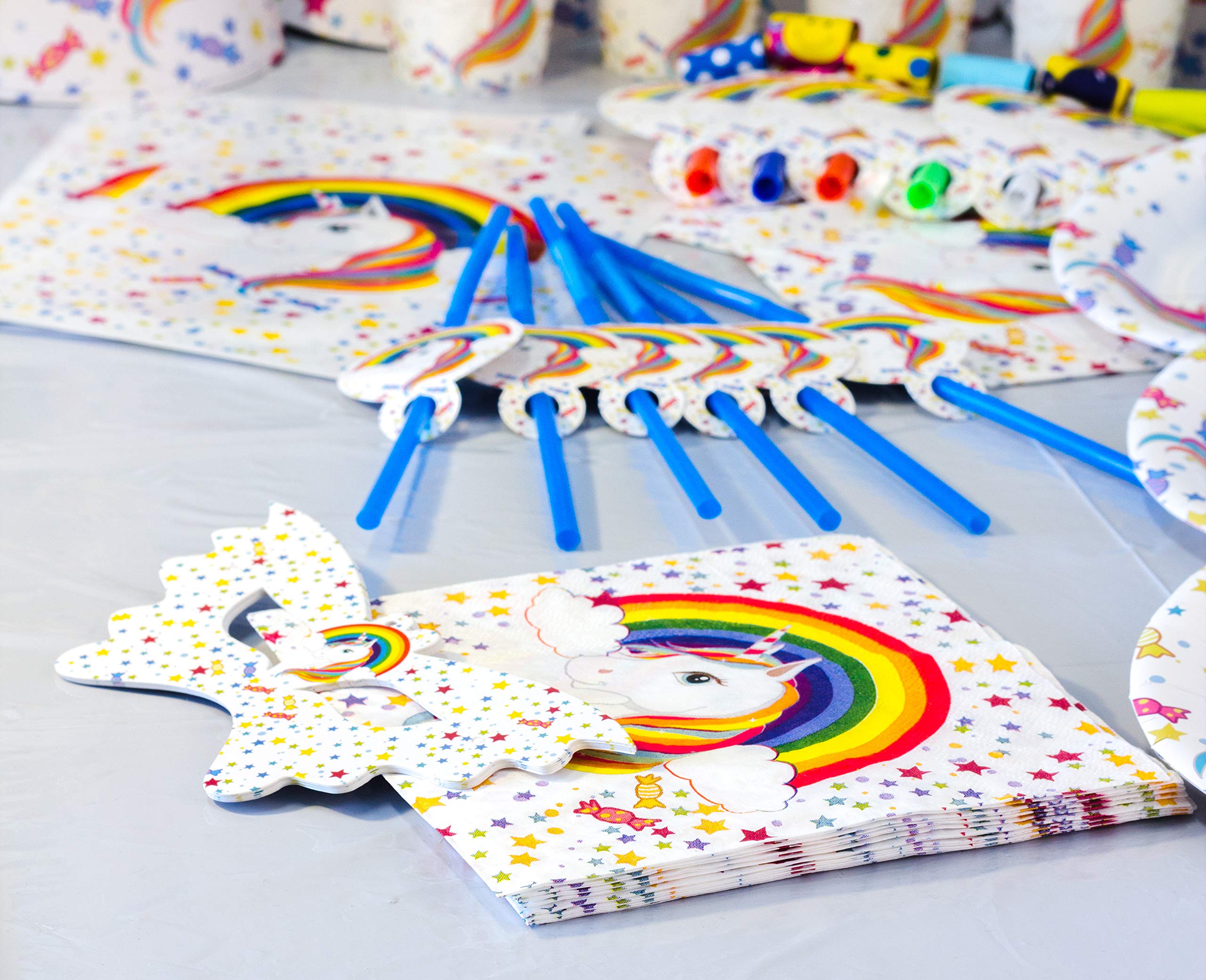 Sigmy Unicorn Party Supplies - (152 PCS)  All-in-One Rainbow Set: Plates, Utensils and Decorations Pack, Serves 10 People. Includes Banner, Hats, Bags, Invitations, Cups, Tablecloth