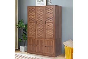 LEVNARY Wardrobe Closet with 6 Woven Doors, Walnut Armoire Wardrobe Cabinet for High Storage Capacity with Adjustable Shelves and Hanging Rail, Freestanding Tall Bedroom Closet (Walnut)