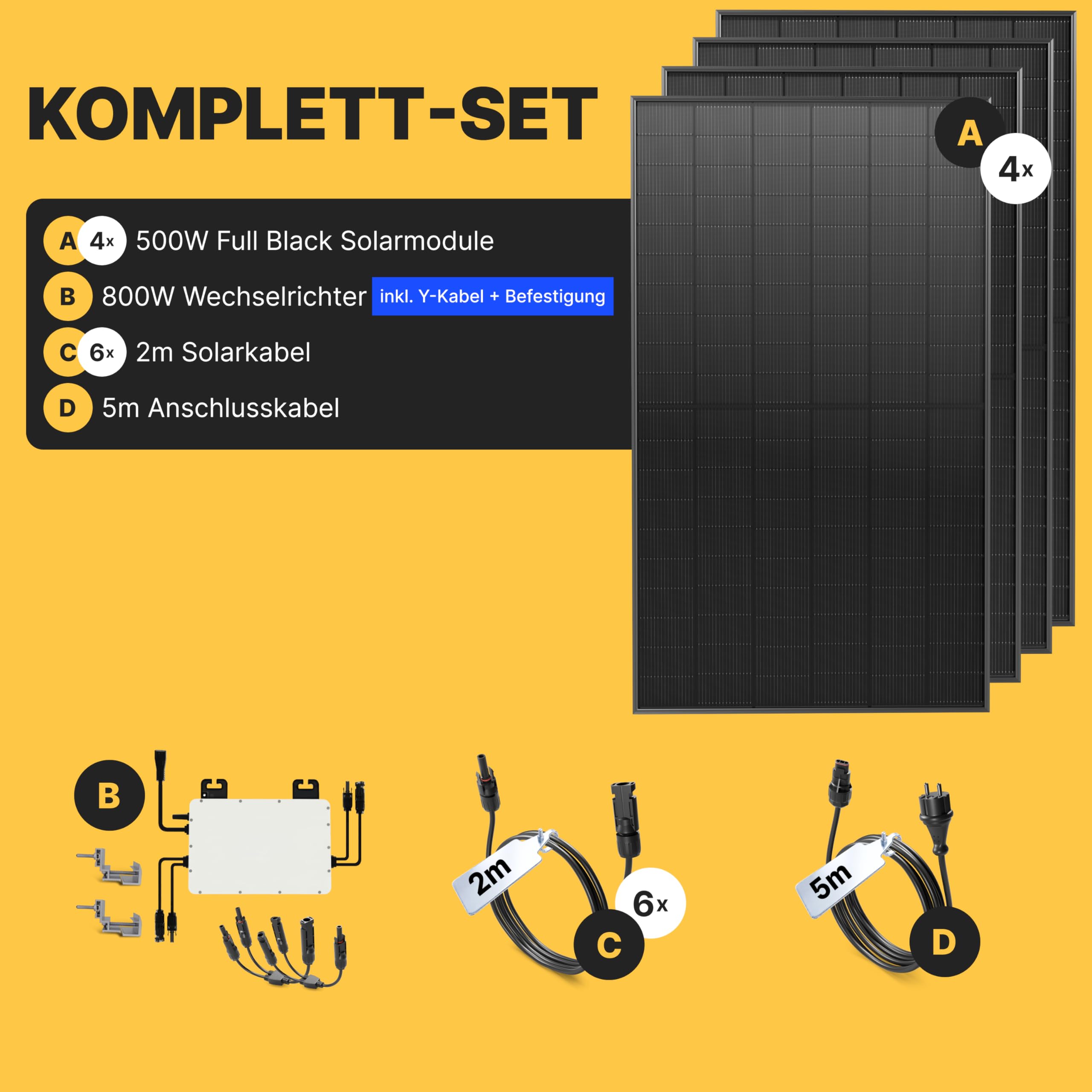 Solakon Balkonkraftwerk 2000W komplett Steckdose - Balkonkraftwerk 2000 Watt neuester Wechselrichter 800W - Solaranlage Komplettset mit 4x500W Solarpanel/Solar Panels mit 5m Kabel 4