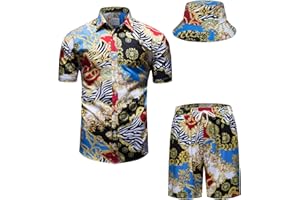 fohemr Mens Luxury Outfit Set Black Gold Shirts And Shorts 2 Piece Tracksuit Set Baroque Button Down Suit with Bucket Hats