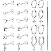 12 Pairs Threadless Flat Back Earrings Studs 20G 18G 16G Hypoallergenic Surgical Steel Push in Nose Studs Rings 14K Gold Plated Cartilage Earring Sets Helix Tragus Conch Piercing Jewelry for Women