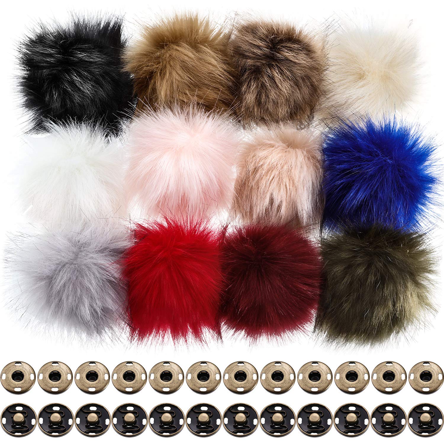 12 Pieces Fur Pompoms for Knitted Hats Faux Fur Balls for Hats Faux Fur Fluffy Pompom Ball with Removable Press Button for Detachable Knit Hats Clothing Accessories()