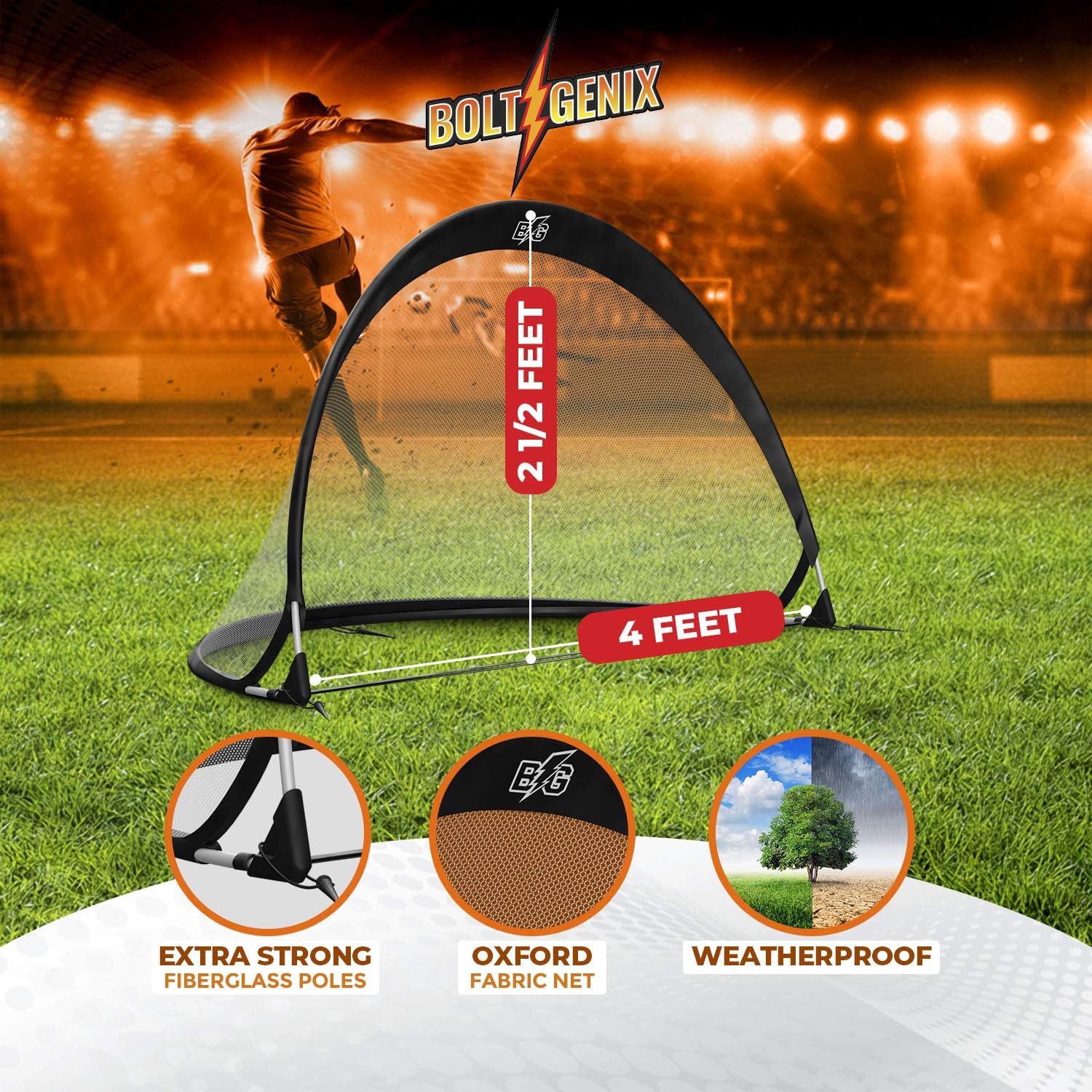 Bolt Genix Small Portable Soccer Goals - Pop Up Goals Set of 2 | Made for Toddlers, Teenagers and Pros | Works on Concrete, Carpet, Grass, Sand, and Turf | All Weather Durability - Easily Pack and Store : Sports & Outdoors
