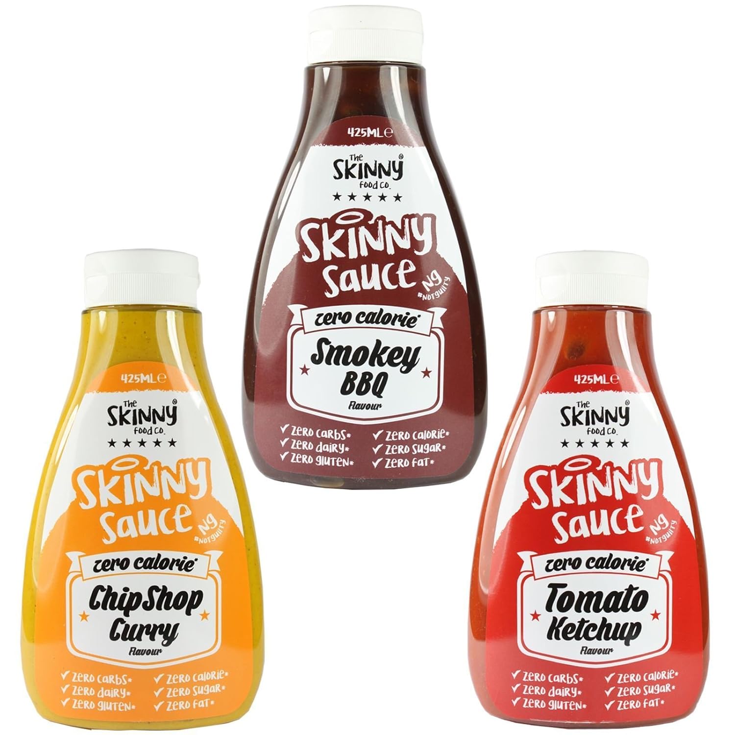 Skinny Foods Curry Ketchup BBQ Sauce Set of 3 SW Condiment Sugar Free Zero Calories