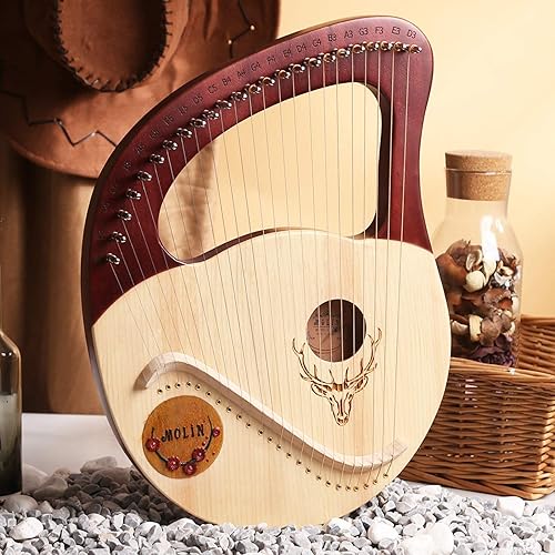 Lyre Harp 24 Strings, Metal Strings Wooden Lye Harp, Mahogany Lye Harp with Tuning Wrench, Bag Gift for Beginners Instrument Lovers Music Lovers Kids Adult (Color : Brown)