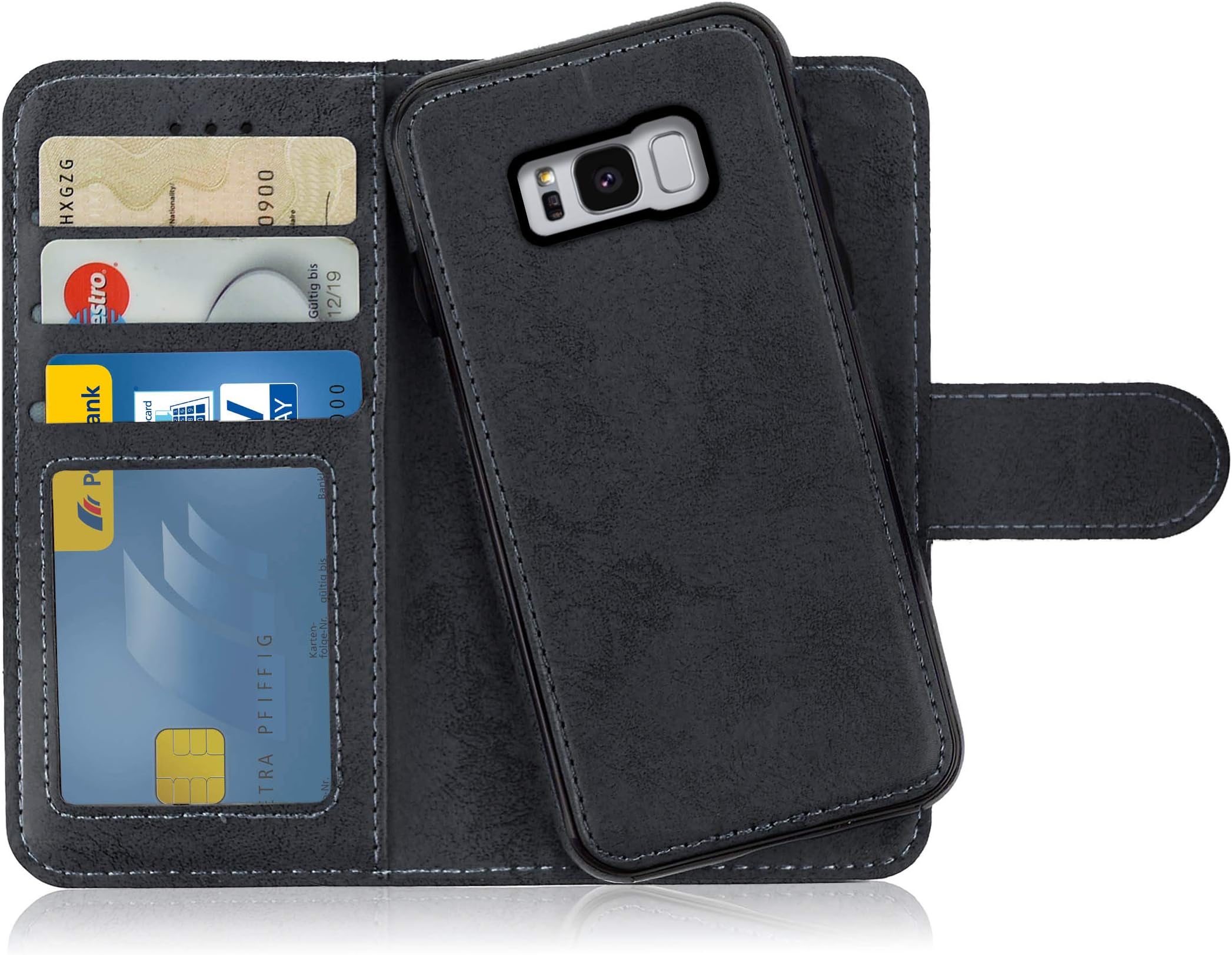 MyGadget 2 in 1 Wallet Case for Samsung Galaxy S8 - Magnetic PU Leather Flip Cover w/Card Slots & Detachable Back Slim TPU Bumper Shell Gray Black