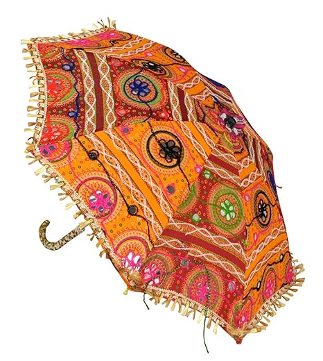 Lal Haveli Rajasthani Handmade Embroidered Design Cotton Umbrella Parasol 21 x 26 inches