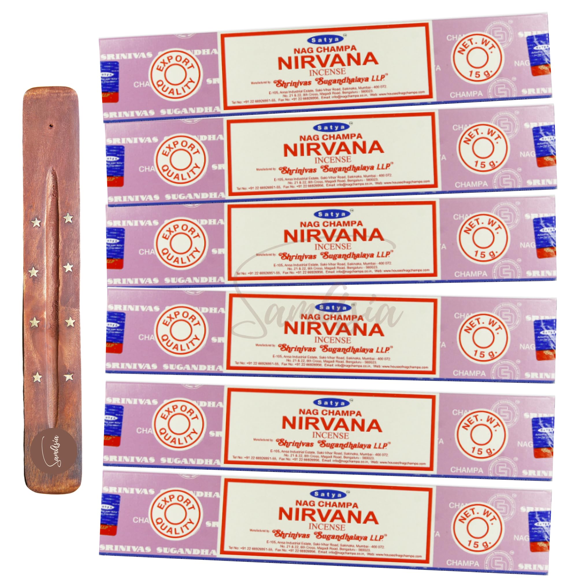 Satya Nag Champa Nirvana Incense Sticks | x6 pack | with SAMASIA incense sticks holder | Used for Aromatherapy, Spa, Yoga, Weddings, Meditation, Healing, Positivity and Relaxation