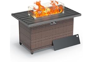 GULAIMOAO 44 Inch Rectangular Propane Fire Pit with 50,000 BTU Output, Outdoor Wicker Rattan Fire Pit with Glass Wind Guard and Lid for Outside Patio Deck, Garden, Backyard (Brown)