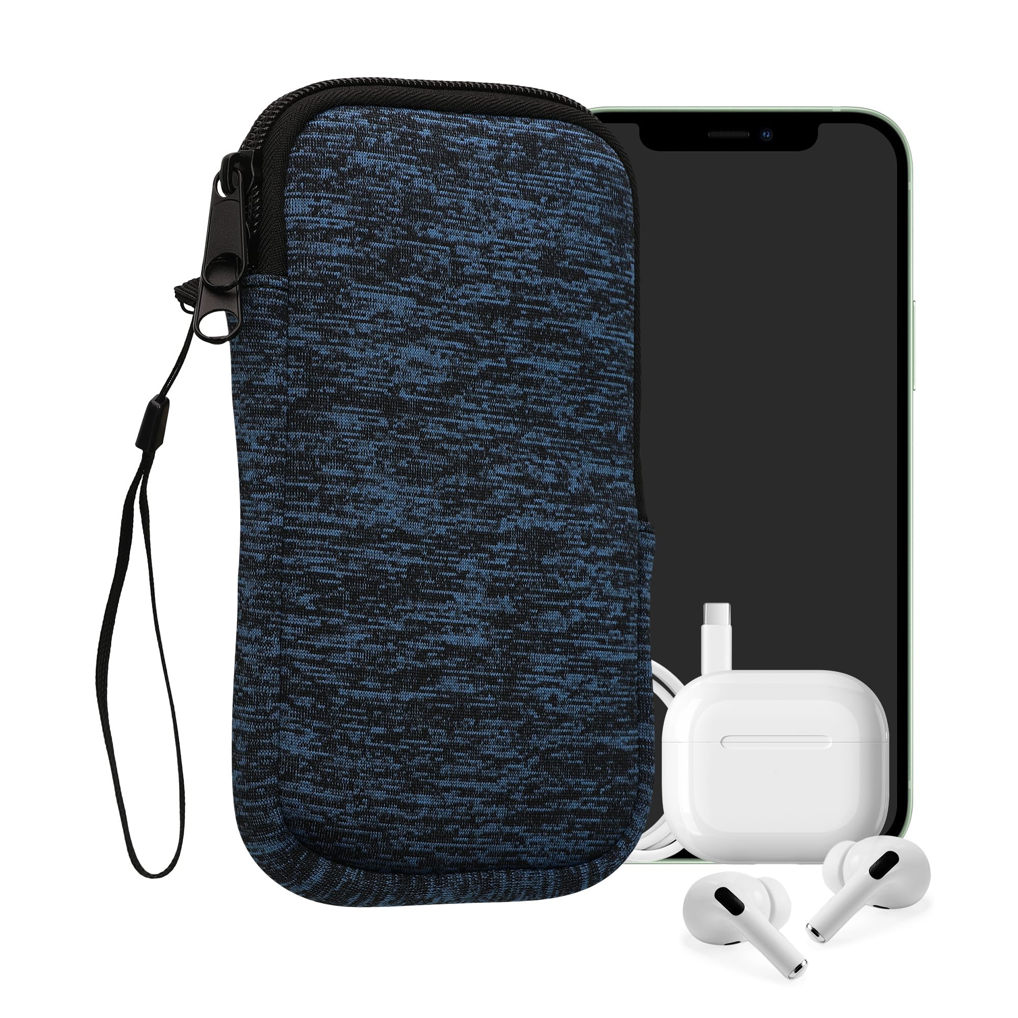 kwmobile Neoprene Phone Pouch Size XXL - 7" - Universal Cell Sleeve Mobile Bag with Zipper, Wrist Strap - Deep Ocean/Black