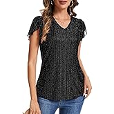 Womens Glitter Tops Short Sleeve Dressy V Neck Sparkly Casual Double Layers Shirts