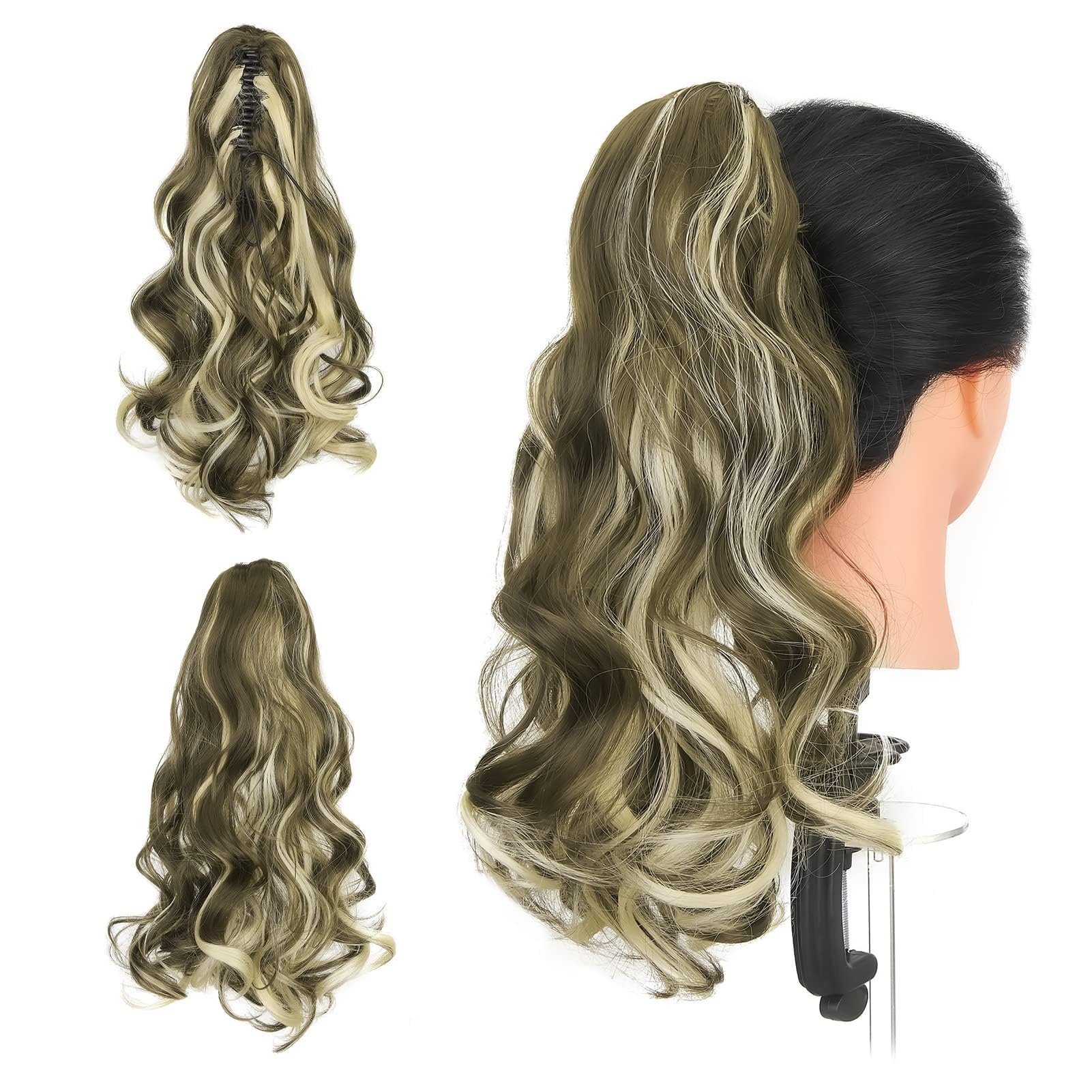 Gairyan 18inch Ponytail Extension Clip in Ponytail Hair Extensions Curly Wavy Pony Tails Claw on Ponytail Long Synthetic Hairpieces for Women Soft Real Look Wave (Ash Blonde & Bleach Blonde) โ image 1