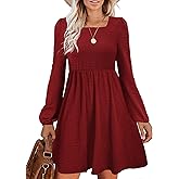 Doreyi Womens Babydoll Dresses Square Neck Long Sleeve Knee Length Flowy Swing Shirring Mini Dresses Fall Dress