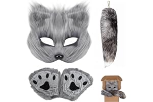 TherianMask Furry Fox Cat Mask & Tail Set - Therian Paws Halloween Costume for Adults