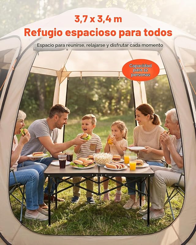 Carpa Plegable, 3660 x 3380 x 2300 mm, 10-12 Personas, con Mosquitera, Bolsa de Transporte, Laterales de Malla y Estacas para el Suelo, para Jardín, Patio y Actividades al Aire Libre, Beige