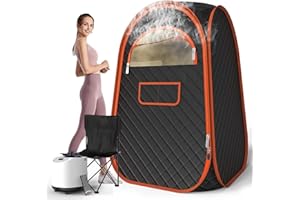 FIOCCO Portable Sauna Box, Portable Infrared Sauna for Home with 2.6L Steamer Generator, Remote Control, Portable Chair & Floor Mat, Full Body Personal Sauna Tent for Health, 9 Levels, Orange