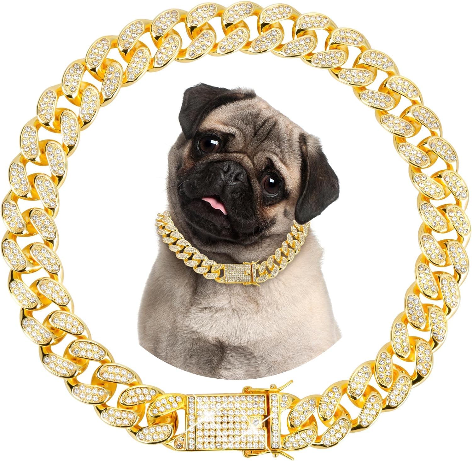 Gold Cuban Link Dog Collar, 15mm Width, Secure Buckle, Medium Large Dogs & Cats, 18 Inches