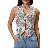 MakeMeChic Women's Boho Western Vest Tops Floral Embroidery Sleeveless V Neck Button Down Jacket Waistcoat