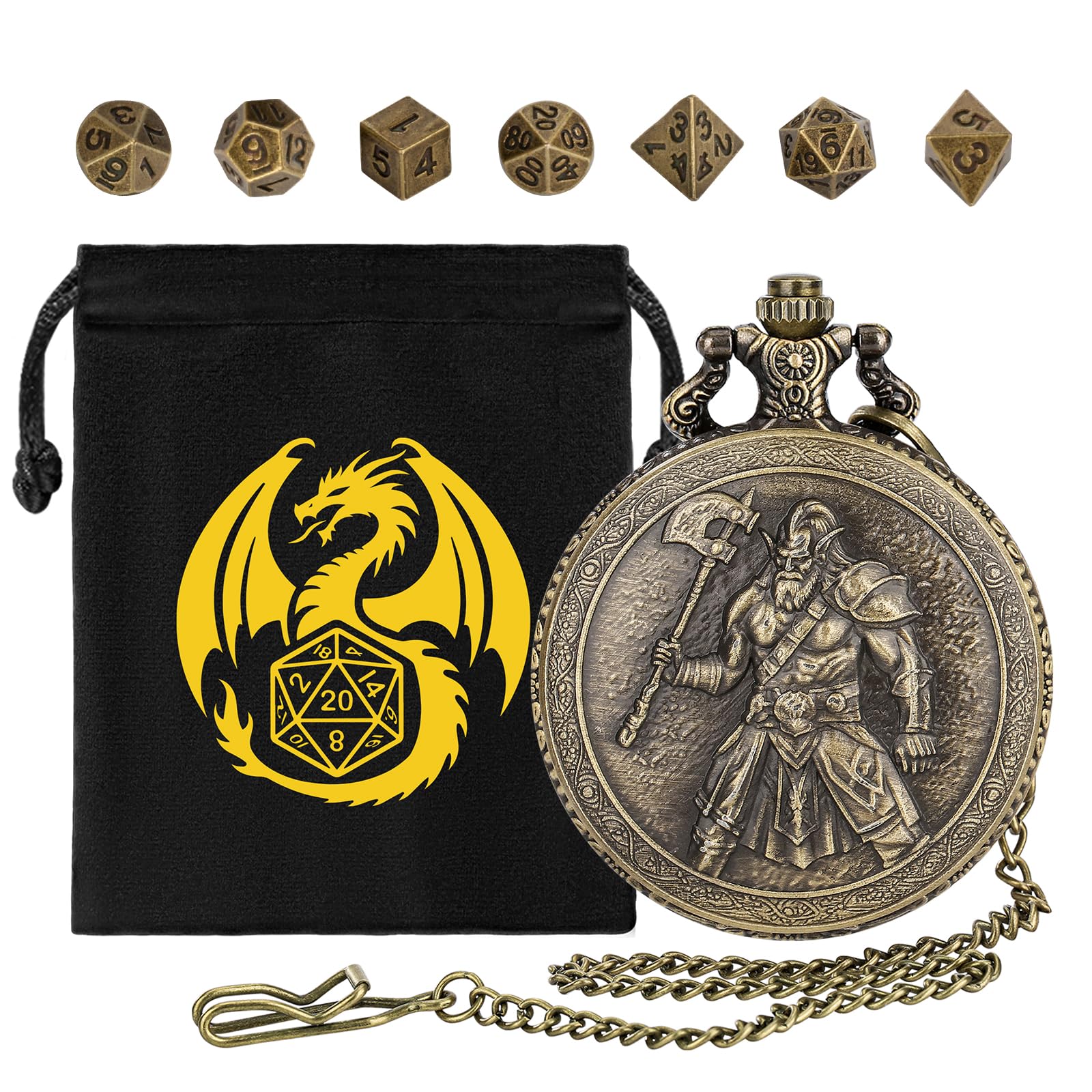 Mini DND Dice Set with Steampunk Axe Barbarian Pocket Watch Shell Case, 7pcs Polyhedral Metal Dice Set, D&D Gifts with Gift Bag, DND Starter Set, Role Playing Board Games Accessories, Bronze