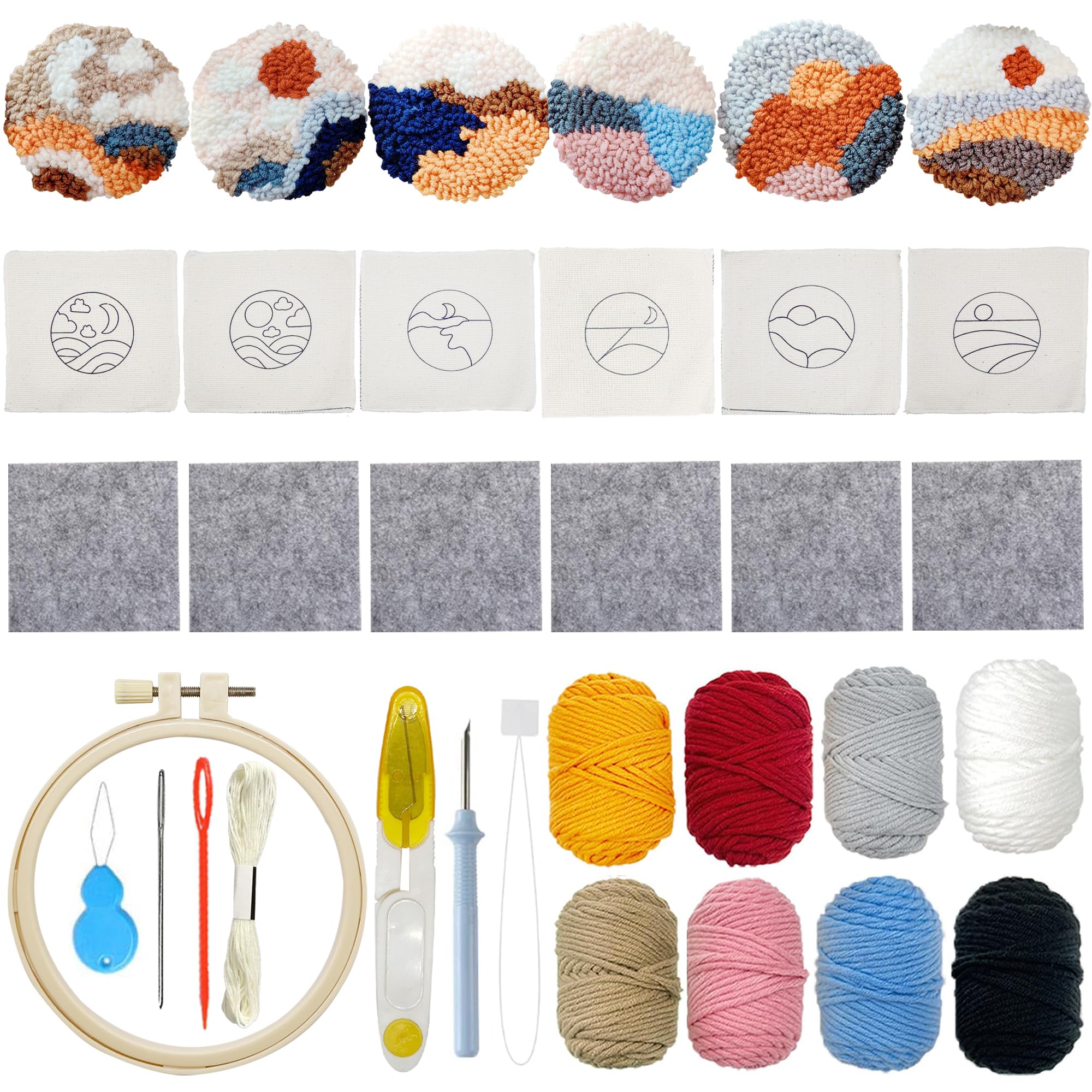 Allazone 6 PCS Punch Needle Coaster Kit - Punch Embroidery Kit with Landscape Patterns, Yarns, Tools, Felt Embroidery Hoop for DIY Craft