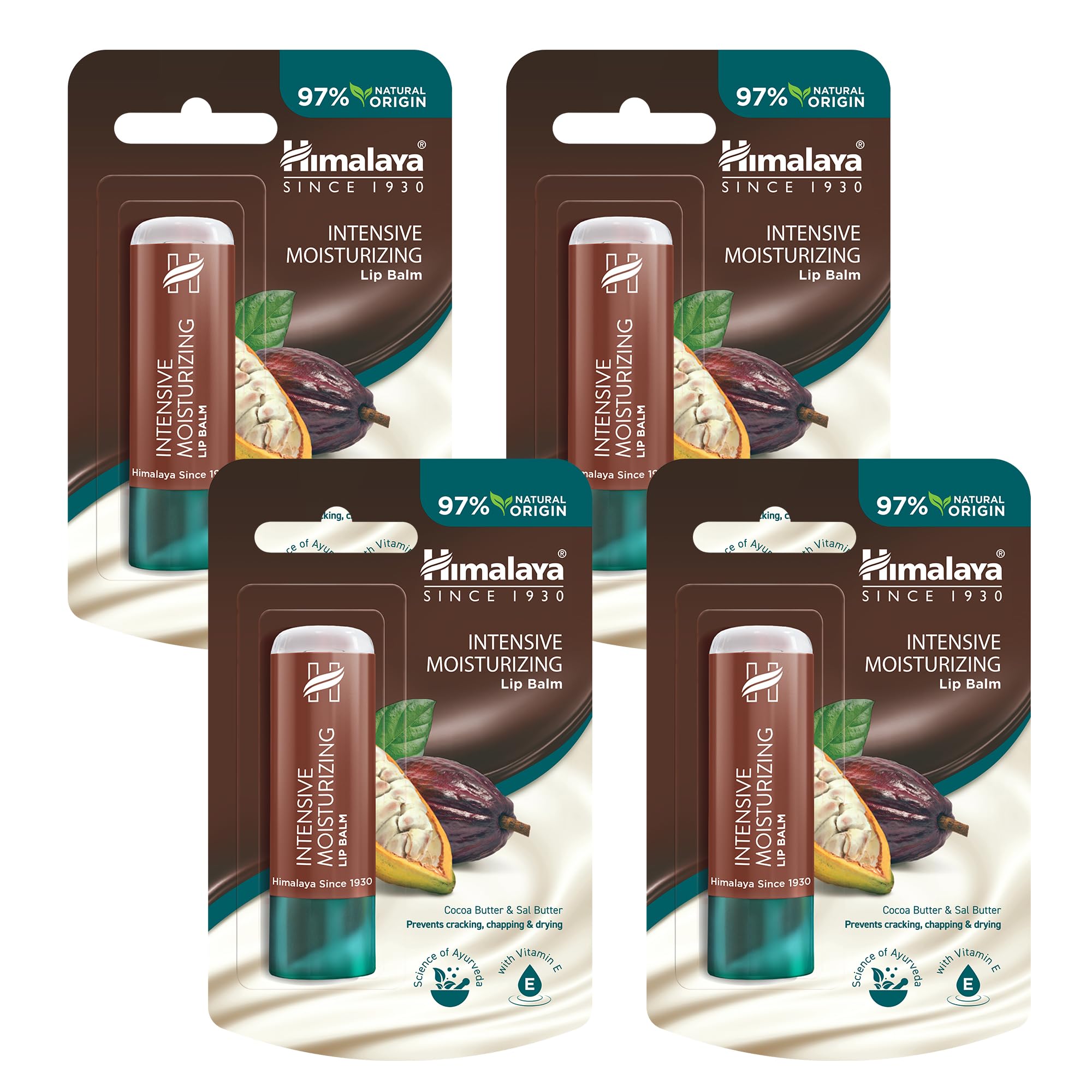 Himalaya Intensive Moisturizing Cocoa Butter Lip Balm |Rich Cocoa Butter Repairs Dry and Chapped Lips Enriched with Vitamin E Hydrates, Nourishes and Improves Lips Elasticity - 4.5g (Pack of 4)
