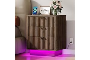 GOLDDAY Nightstand with Charging Station & LED Light, 3-Drawer Bedside Table with Outlets, Modern End Table, for Bedroom, Hom