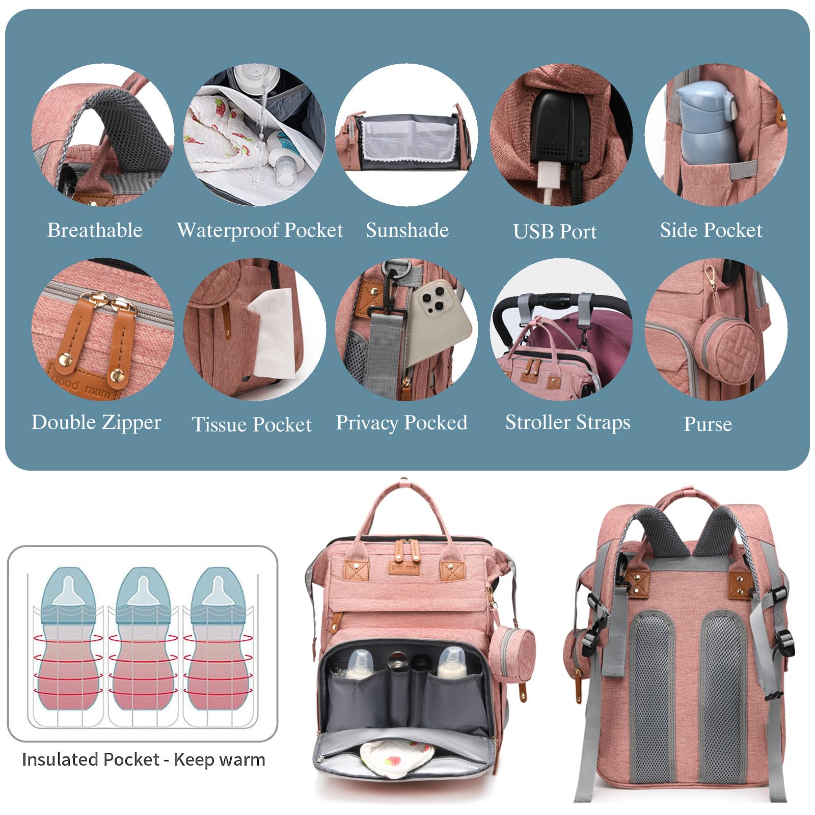 Jeryswet Baby Diaper Bags with Changing Station, Waterproof Large Capacity Diaper Bag Backpack for Moms Dads with USB Charging Port and Stroller Straps, Baby Shower Gifts, Pink