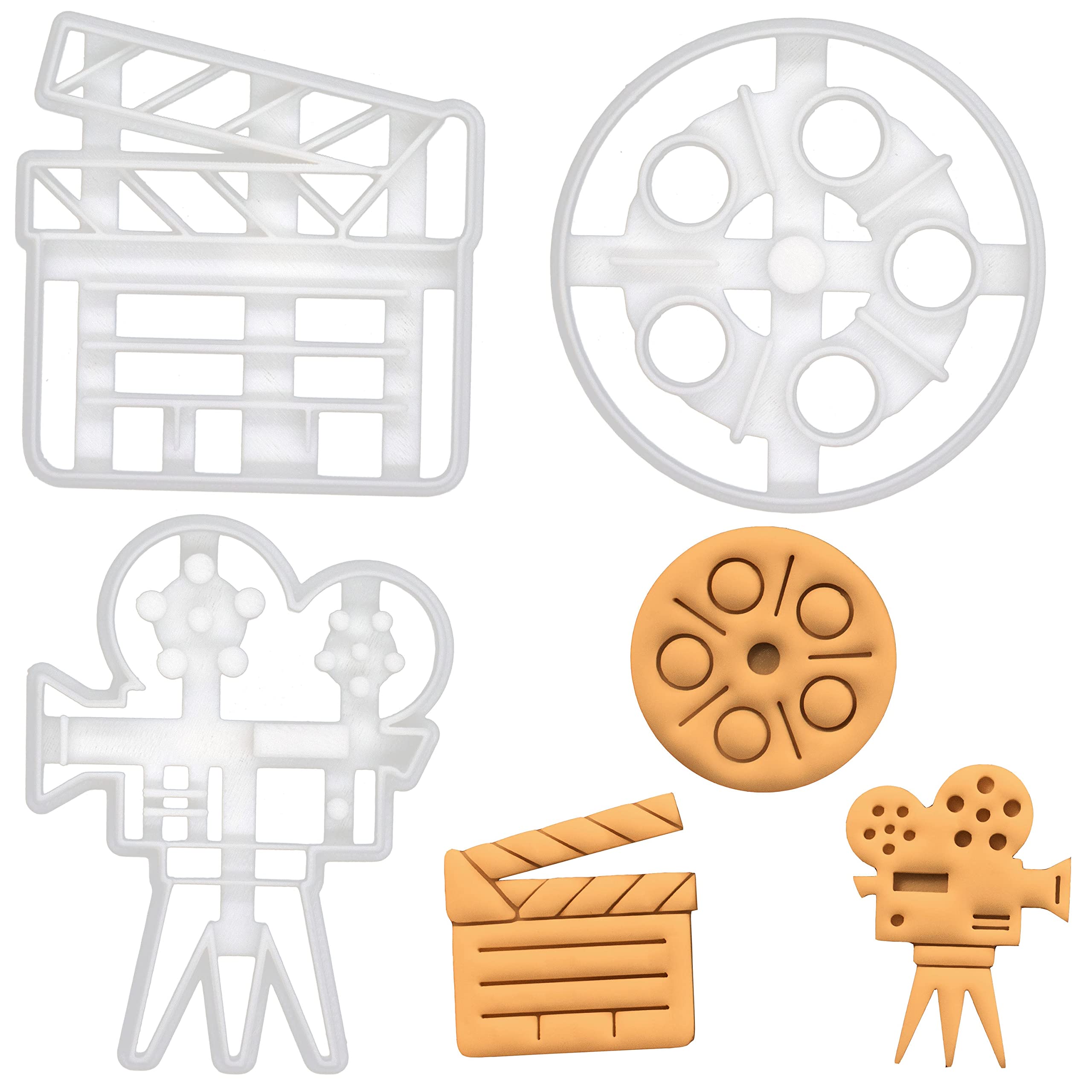 BAKERLOGY Set of 3 Movie Themed Cookie Cutters (Designs: Movie Reel, Video Camera, and Clapboard) - Detailed Biscuit Cutter Design for Baking and Crafts, Ideal on Fondant, Dough, Clay