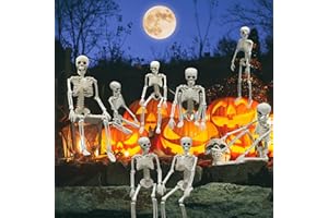 FIFET 8pcs Halloween Skeleton Decorations, 16" Small Poseable Full-Body Skeletons with Movable Joints, Plastic Skeletons for Garden, Graveyard, Haunted House, Halloween Decorations for Indoor and Outdoor