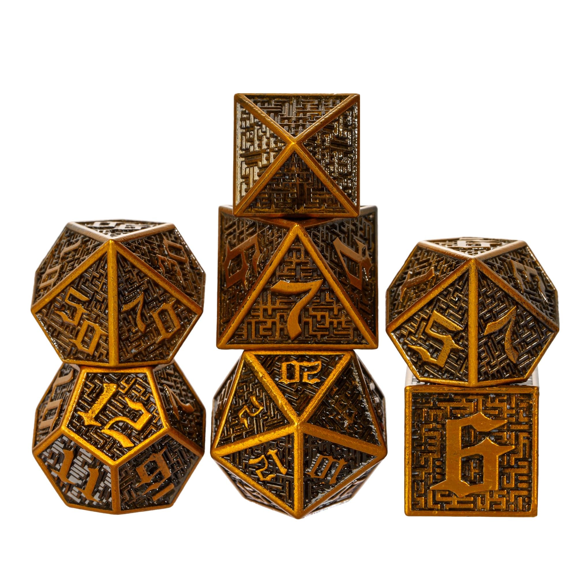 Cusdie Metal Dice Set, 7 Pcs DND Metal Dice, Maze Design Polyhedral Dice Set, for Role Playing Game D&D Dice Pathfinder(Ancient Gold) — image 1
