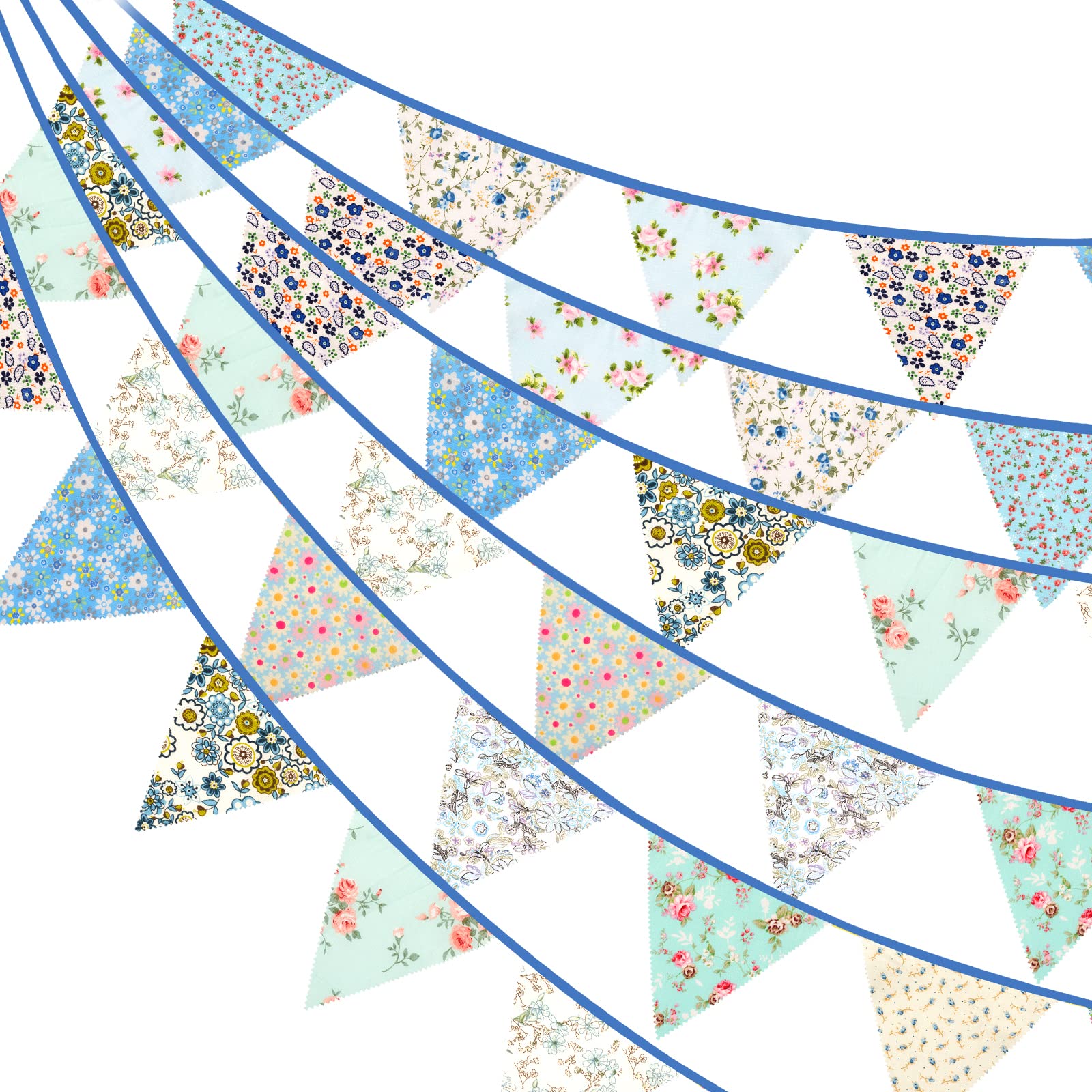 G2PLUS 12M Blue Floral Bunting, 42PCS Fabric Bunting Garland, 19x21CM Large Reusable Cotton Triangle Banner for Garden Tea Wedding Baby Shower Birthday Parties — image 1