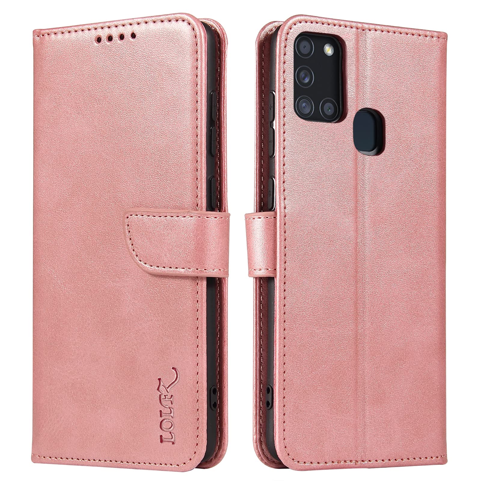 LOLFZ Wallet Case for Samsung Galaxy A21S, Vintage Leather Book Case with Card Holder Kickstand Magnetic Closure Flip Case Cover for Samsung Galaxy A21S - Rose Gold