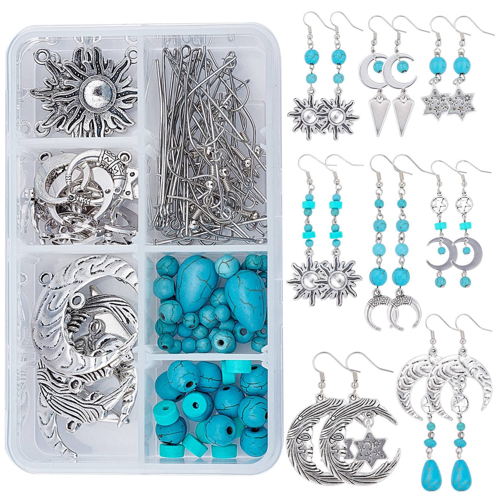 SUNNYCLUE 1 Box DIY 8 Pairs Star Moon Sun Earrings Dangle Making Starter Kit with Turquoise Beads for Jewellery Making Accessories Supplies Adults Beginners Women DIY Bohemian Lucky Dangle Earring