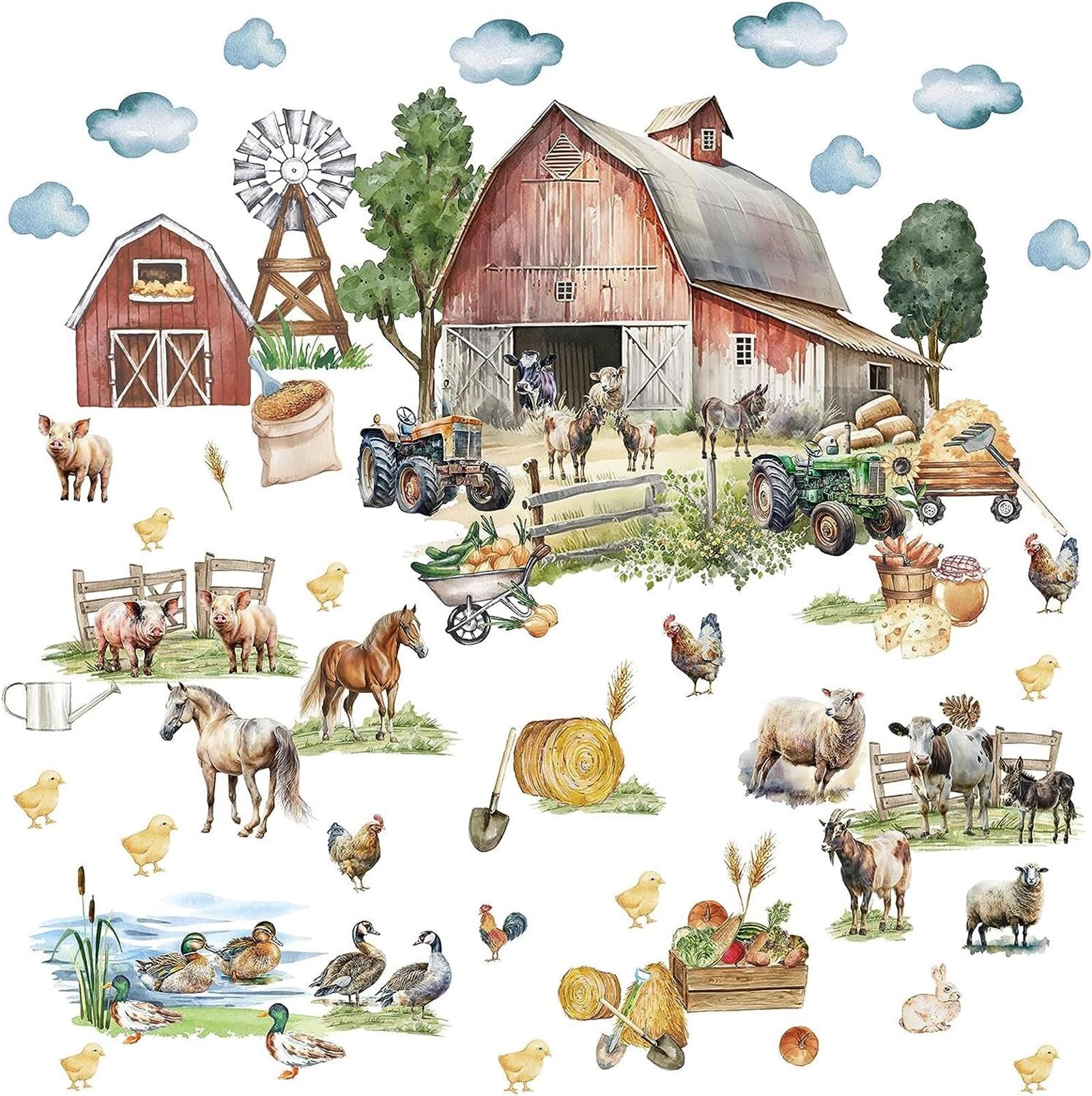 Large Farm Animal Wall Decals Peel and Stick Vintage Farmhouse Funny Animal Wall Stickers Cute Sheep Chicken Rooster Duck Horse Pig Cow Farm Wall Stickers for Kids Room Playroom Decor