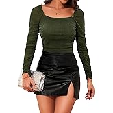 GAMISS Mesh Long Sleeve Top Women Ruched Tops Stretchy Glitter Fitted Tops Shinning Mesh Tops