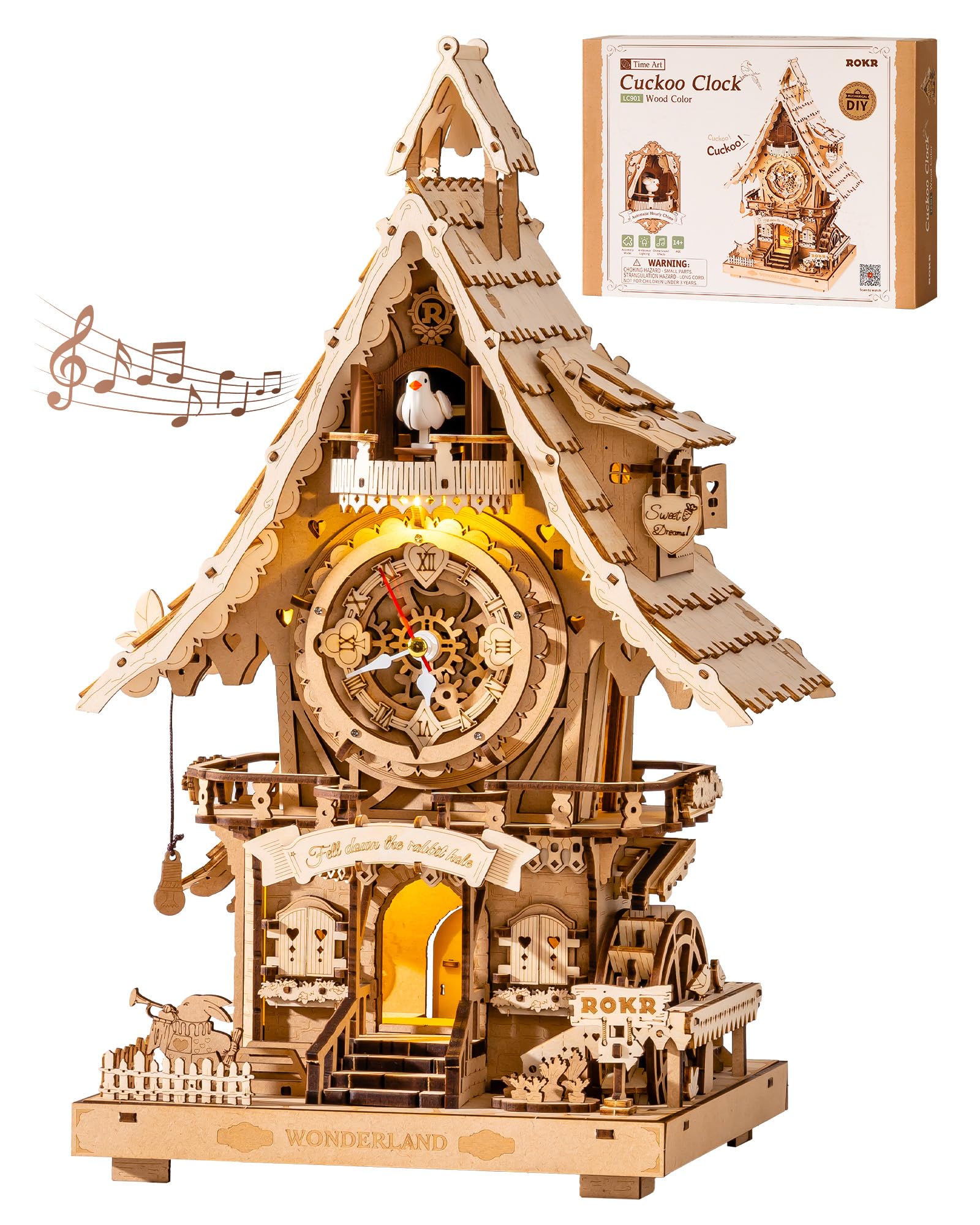 ROKR 3D Puzzle Erwachsene Kuckucksuhr, 3D Holzpuzzle Uhrenmodellbausätze, Geschenke und Dekoration für Erwachsene, Cuckoo Clock Holzfarbe, LC901