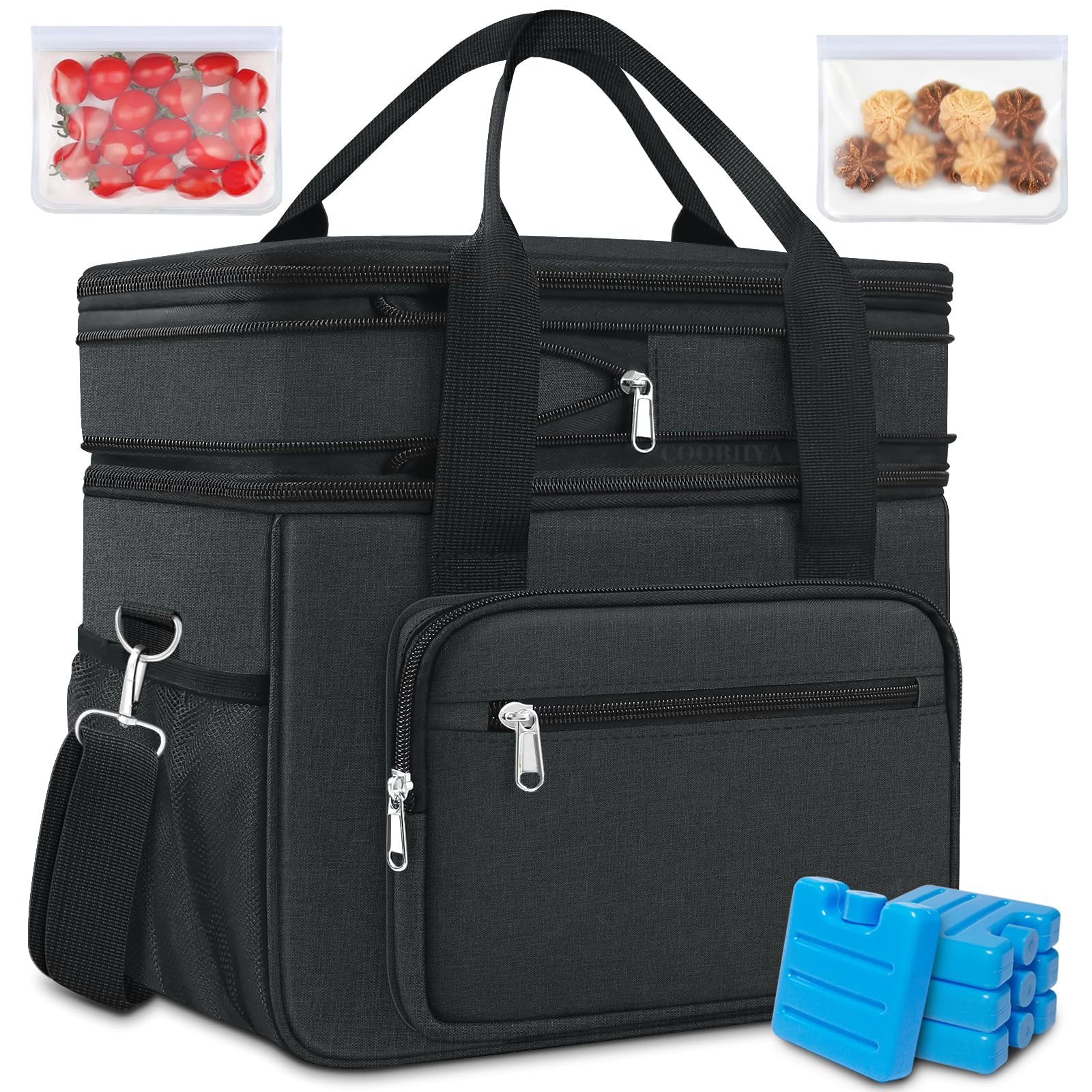 Photo 1 of Coobiiya Lunch Box for Men Expandable Lunch Bag, 23L Large Cooler Lunch Box, Insulated Lunch Bag for Work/Adult with 4 Ice Packs&2 Snack Bags Double Deck Leakproof Heavy Duty bags for Women- Black