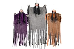 JKOEIER Halloween Decorations,3 Pack Halloween Hanging Skeleton Ghosts with Lighted Up Eyes,Scary Colourful Cloth Grim Reapers for Indoor,Outside Yard Lawn,Haunted House Prop,Party Supplies