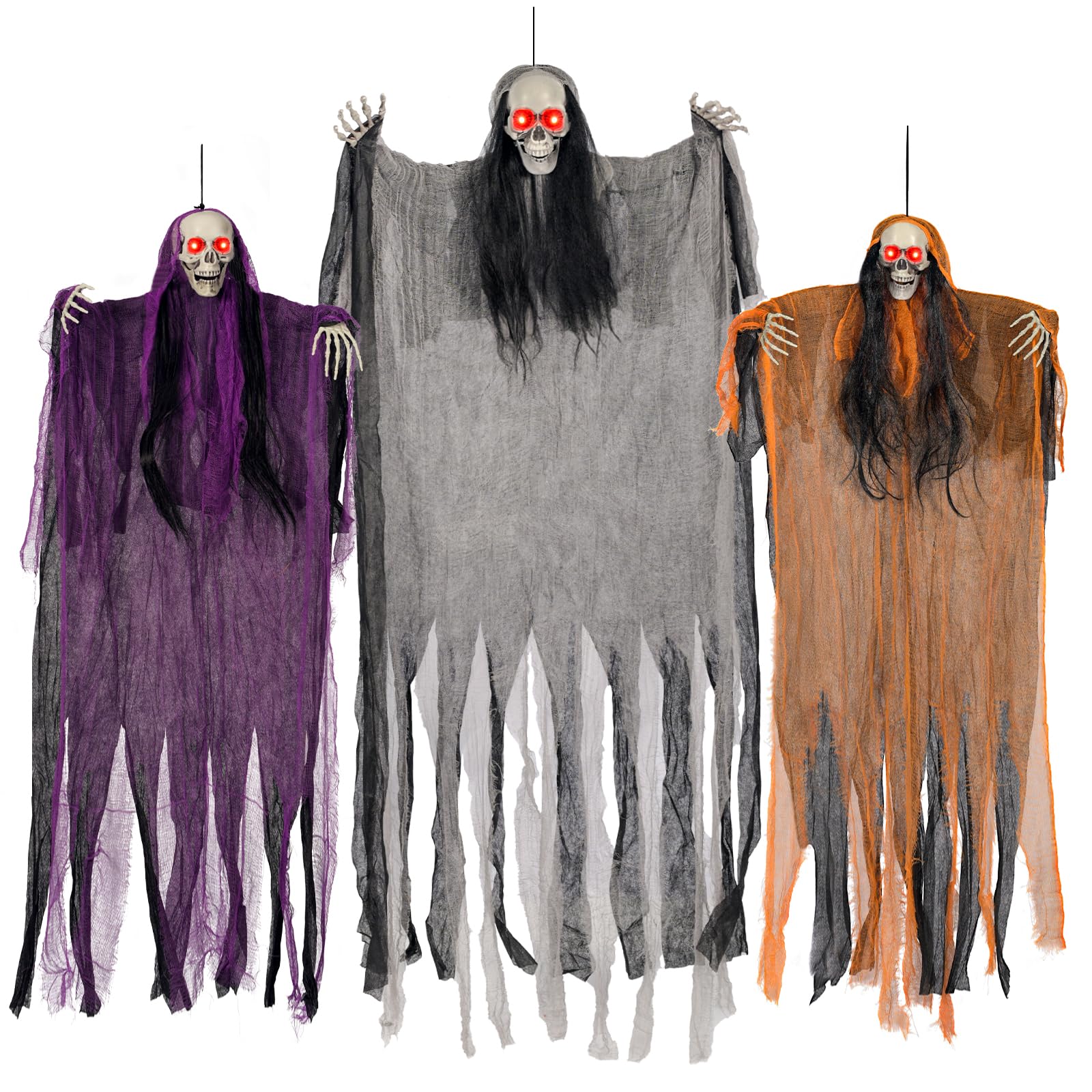 Photo 1 of Halloween Decorations,3 Pack Halloween Hanging Skeleton Ghosts with Lighted Up Eyes,Scary Colourful Cloth Grim Reapers for Indoor,Outside Yard Lawn,Haunted House Prop,Party Supplies