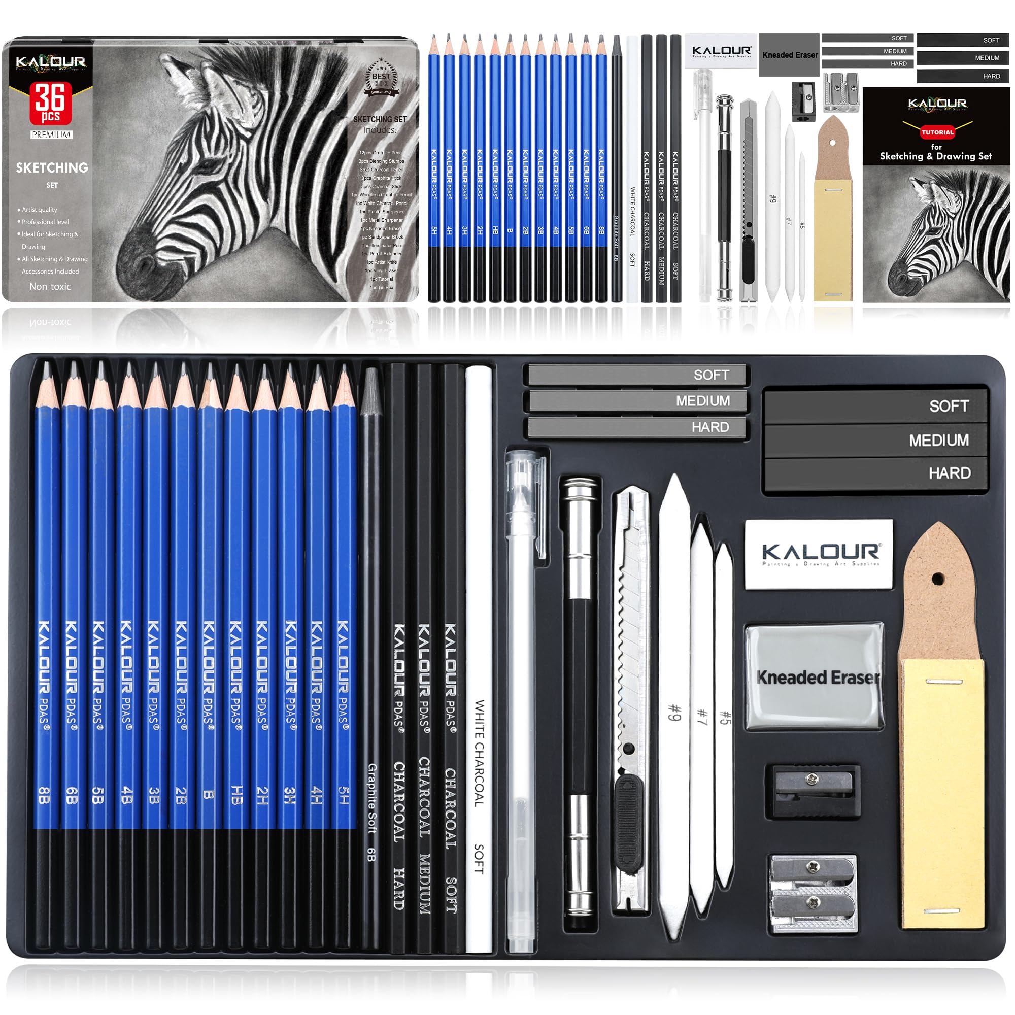 KALOUR PDAS Drawing Sketching Pencil Set,36 Pro Art Pencil Kit,12 Graphite Pencils (8B-5H),Black & White Charcoal Pencils,Charcoal Sticks, Stumps, Eraser, Tutorial,Art Supplies