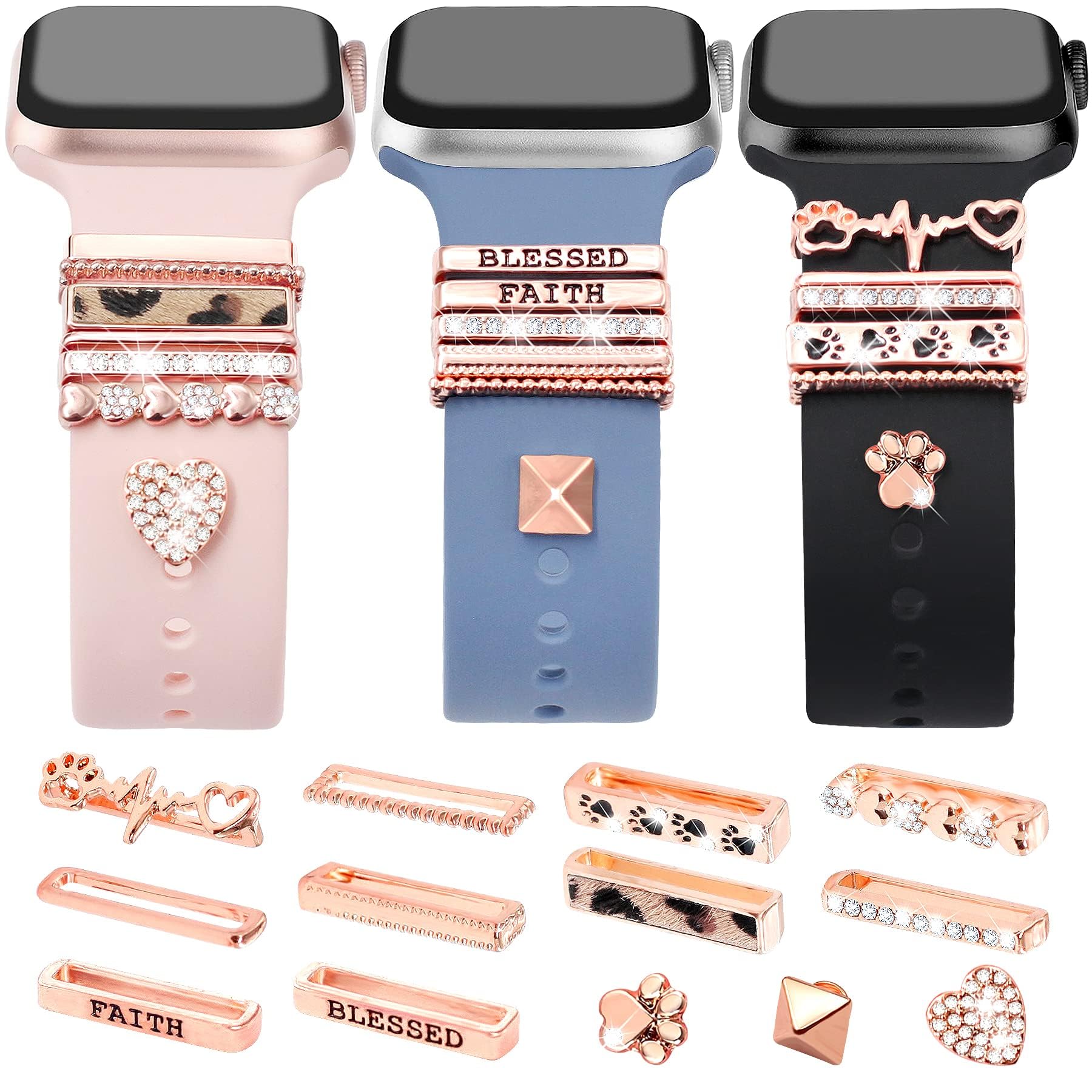 JR.DM 13 Pcs Rose Gold Watch Band Charms with 10-Pcs Decorative Rings Loops 3-Pcs Decoration, Compatible with Apple Watch Band Metal Diamond Sliding Accessories for iWatch Series 10 9 8 7 6 5 4 3 2 1