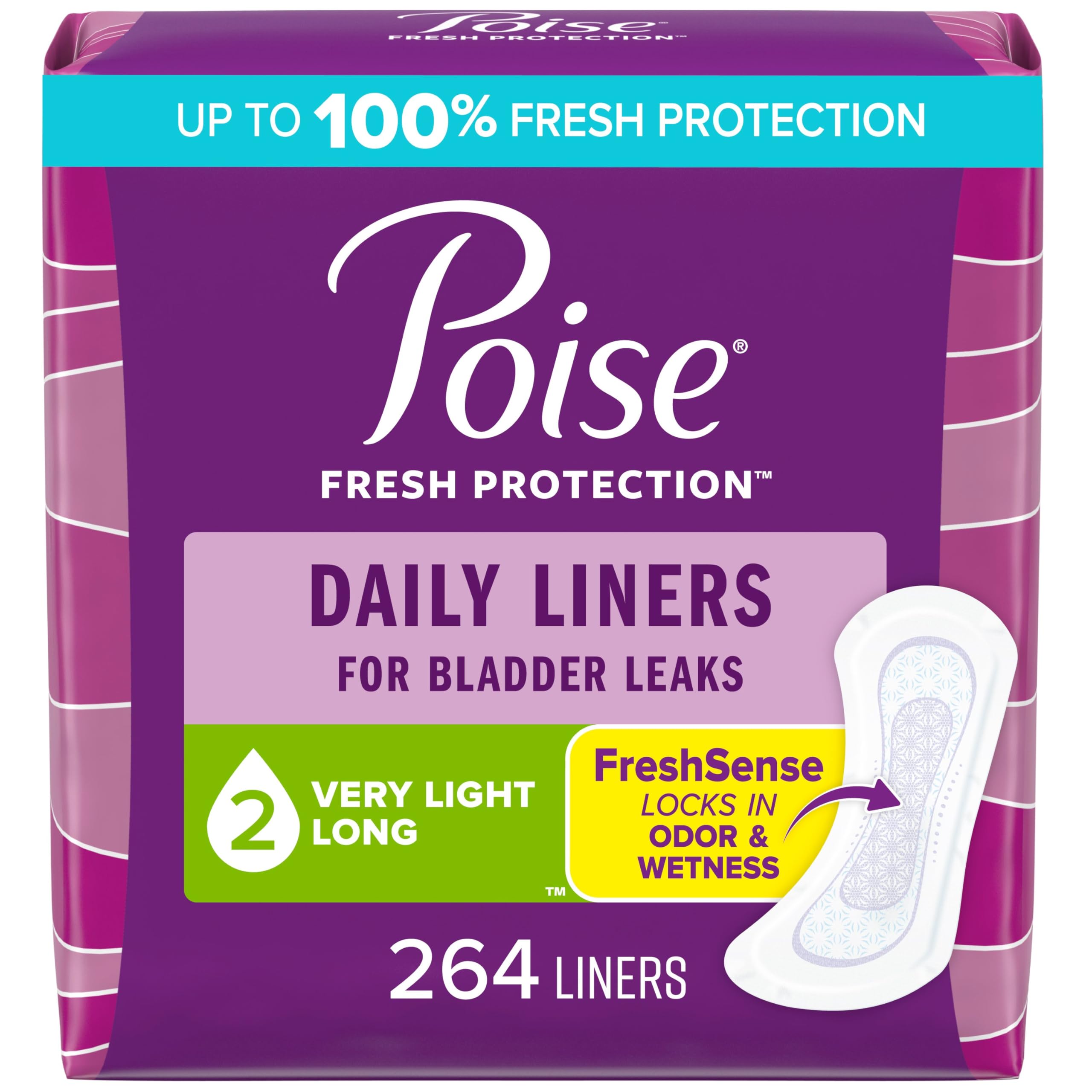 Poise Daily Liners, Incontinence Panty Liners for Bladder Leaks, 2 Drop Very Light Absorbency, Long Length, 264 Count of Pantiliners (6 Packs of 44), Packaging May Vary