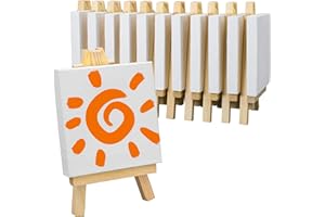 FIXSMITH 3x3 Inch Mini Canvas Easel Set- Bulk Pack of 12,Small Stretched White Blank Canvas Panels & Wood Easels for Painting