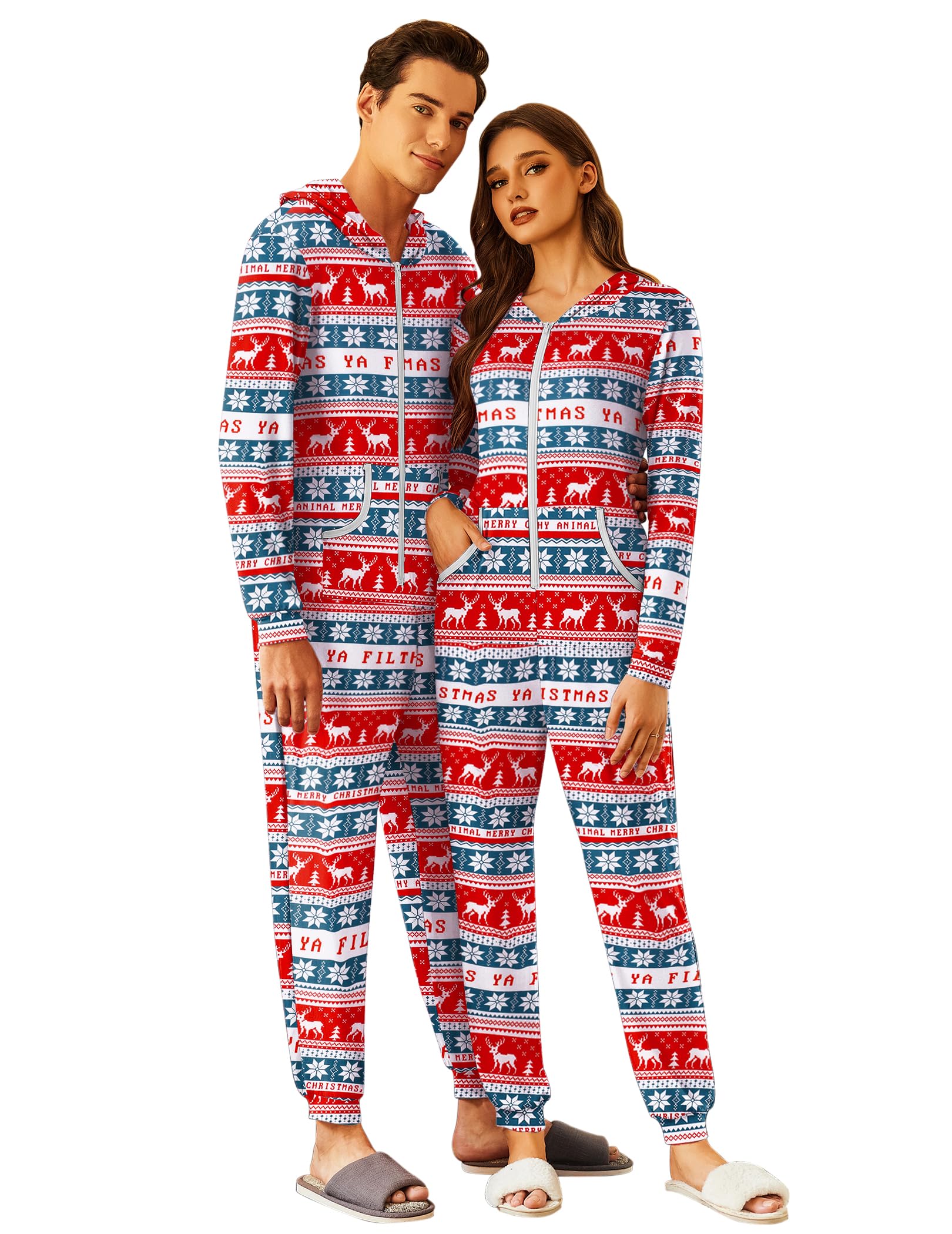 Photo 1 of Ekouaer Christmas Matching Onesie for Couples Zipper One Piece Pajamas Adult Hooded Jumpsuit with Pockets Christmas Deer XL