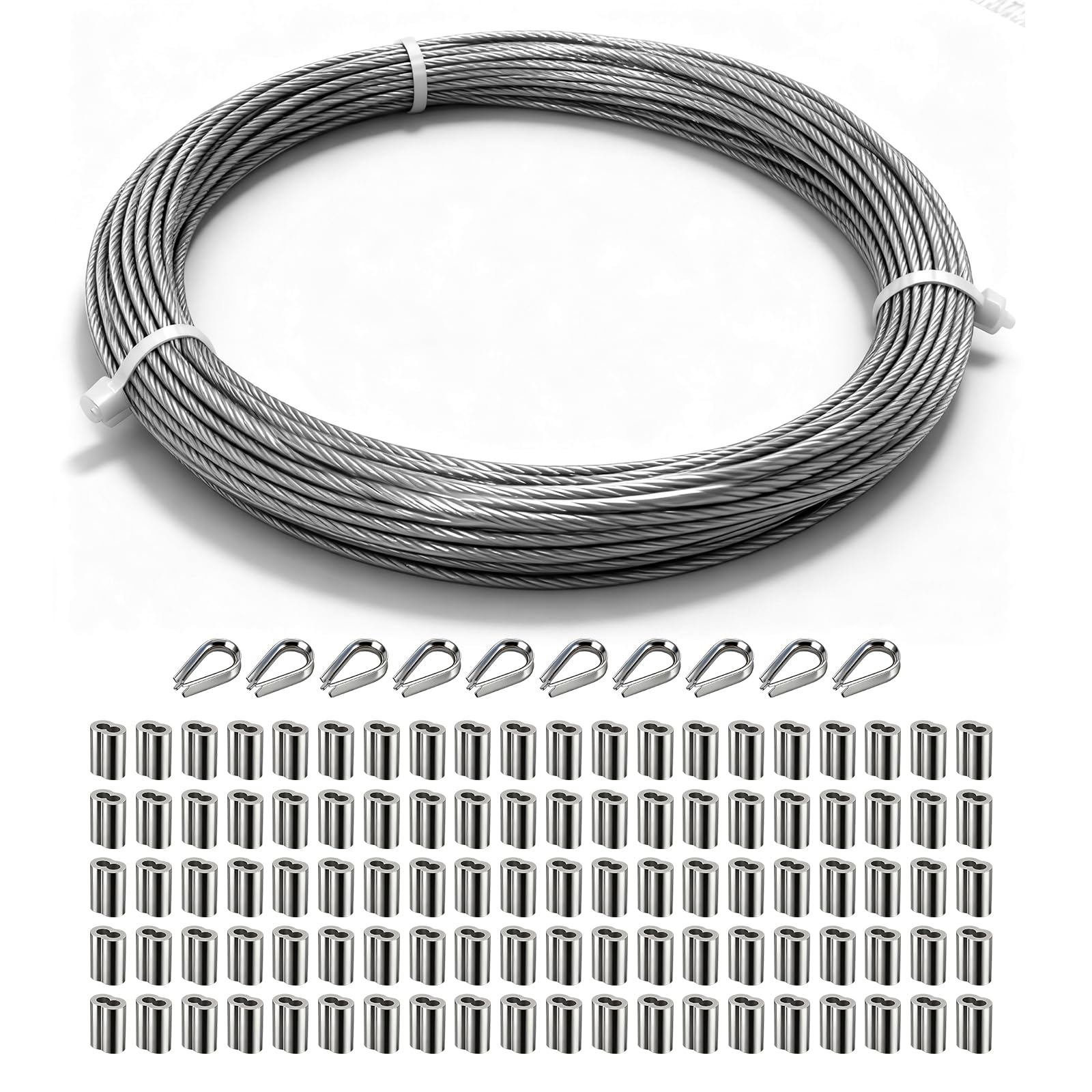 Photo 1 of YLMUSU 100 FT 1/16 inch Wire Rope Kit - 304 Stainless Steel Cable, 7x7 Strand Core Aircraft Cable Wire with 10 Thimbles & 100 Aluminum Sleeves | Strong Metal Cable for Home, Garden and DIY Projects