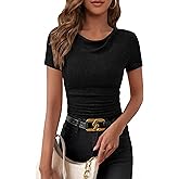 PRETTYGARDEN Womens Summer Tops 2026 Cute Cowl Neck Short Sleeve T-Shirts Ribbed Knit Fitted Spring Ruched Crop Top
